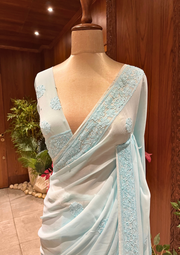Chikankari Viscose Saree - Aqua Blue