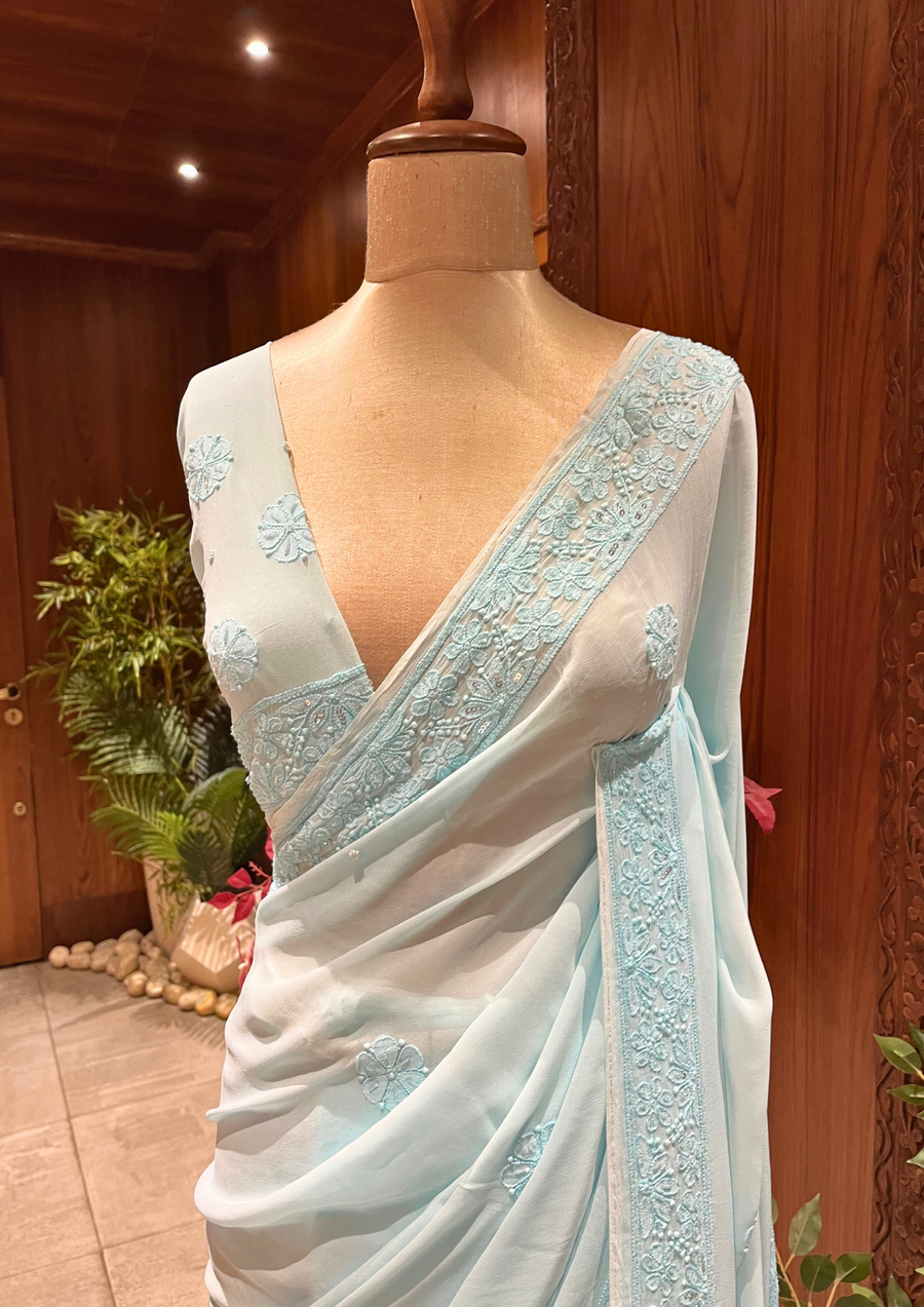 Chikankari Viscose Saree - Aqua Blue