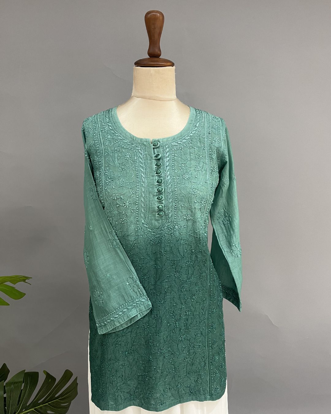 Muslin Chikankari Short Kurti - Teal Green