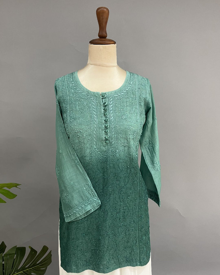 Muslin Chikankari Short Kurti - Teal Green