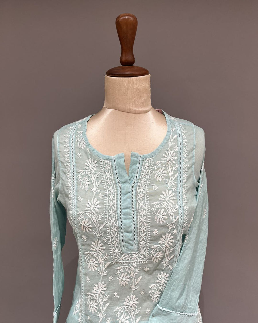 Chanderi Chikankari Co-ord Set - Pale Torquoise