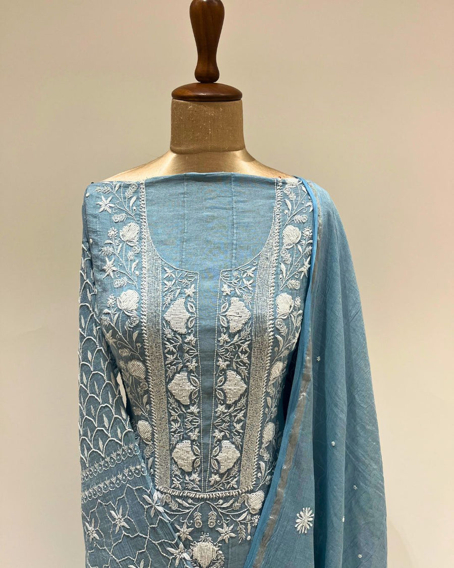 Tissue Chikankari Unstitched Anarkali - Cornflower Blue
