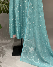 Mul Chanderi Chikankari Suit Set - Cyan Blue