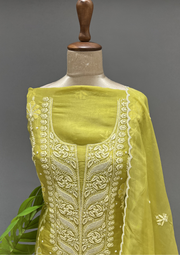 Chikankari Unstitched Organza Suit Set - Lime Green