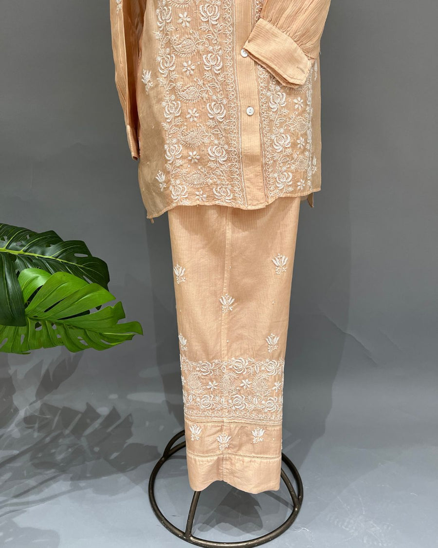 Maheshwari Chanderi Chikankari Co ord set - Dusty Peach