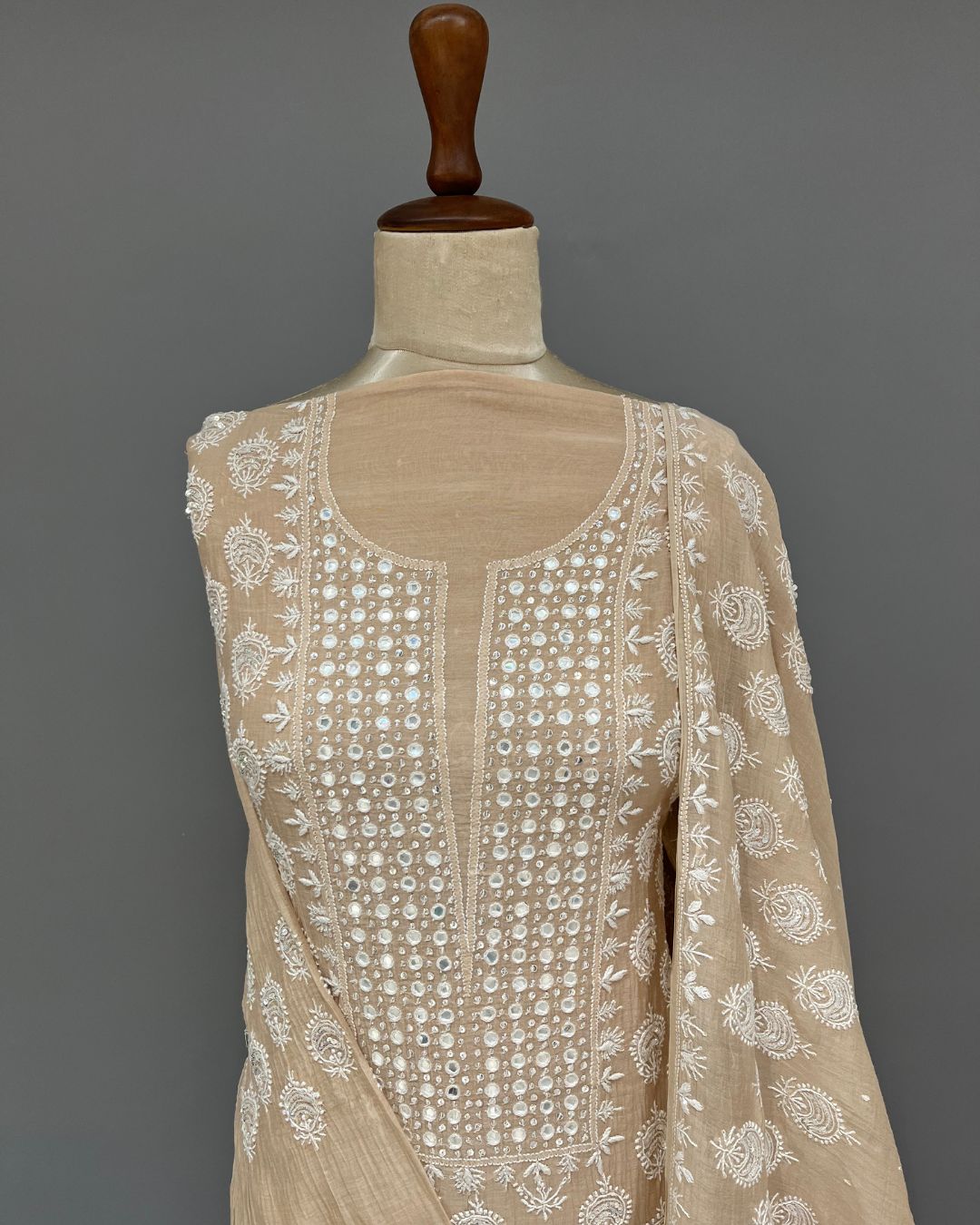 Mul Chanderi Chikankari Unstitched 2pc Suit - Coffee Latte