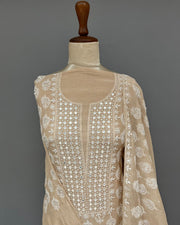 Mul Chanderi Chikankari Unstitched 2pc Suit - Coffee Latte