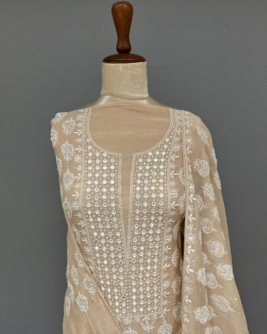 Mul Chanderi Chikankari Unstitched 2pc Suit - Coffee Latte