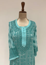 Georgette Chikankari Long Kurti - Sea Blue