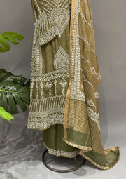 Tissue Chikankari Stitch A-Line Suit Set - Army Green