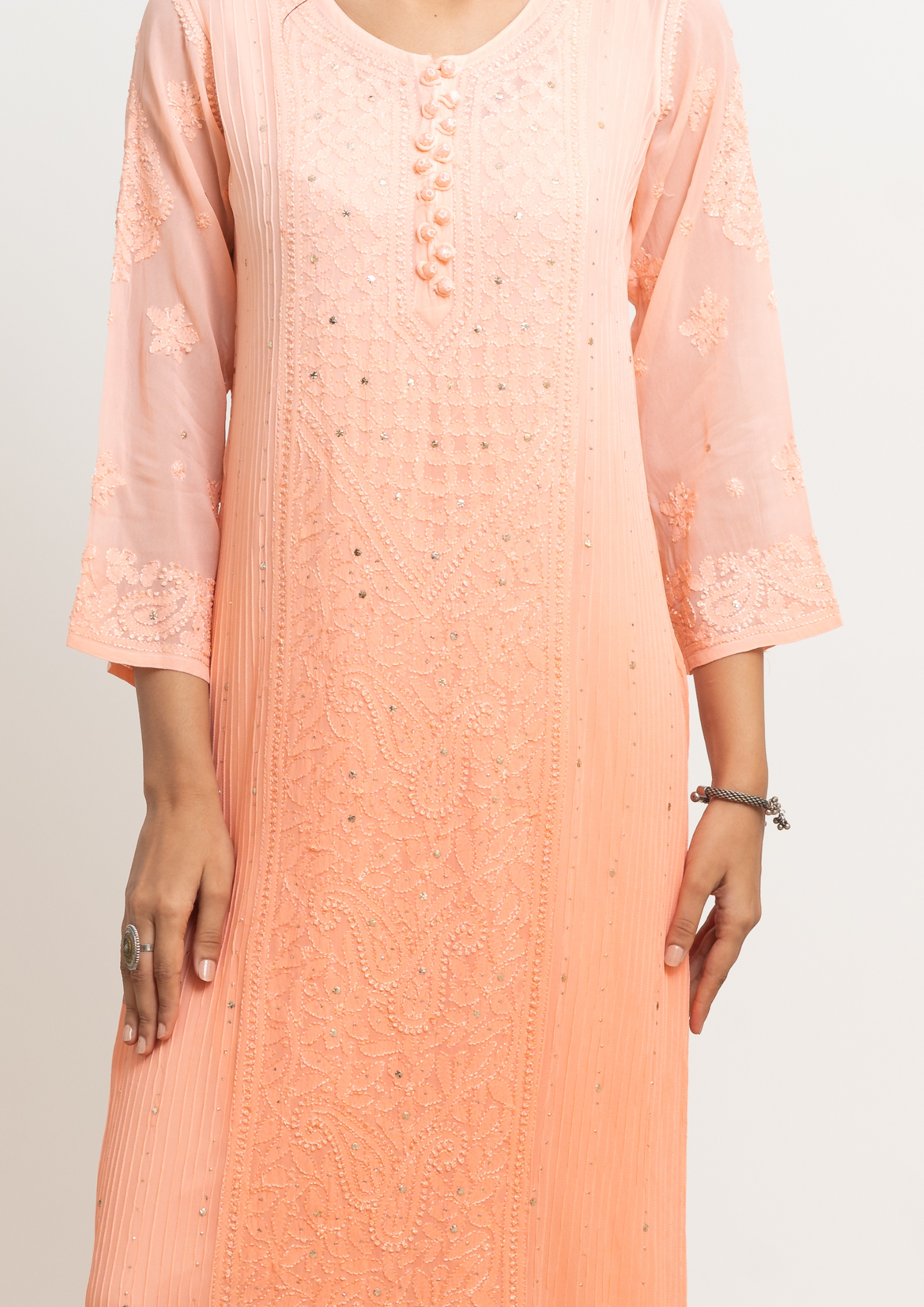 Georgette Chikankari Straight Kurta - Ombre Peach