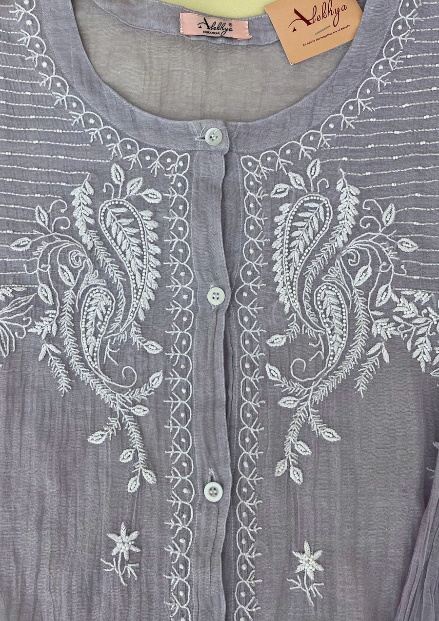 Chikankari Semistitched Tissue Co-ord Set - Silver Grey