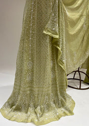 Pure Georgette Chikankari Unstitched Lehenga - Sage Green