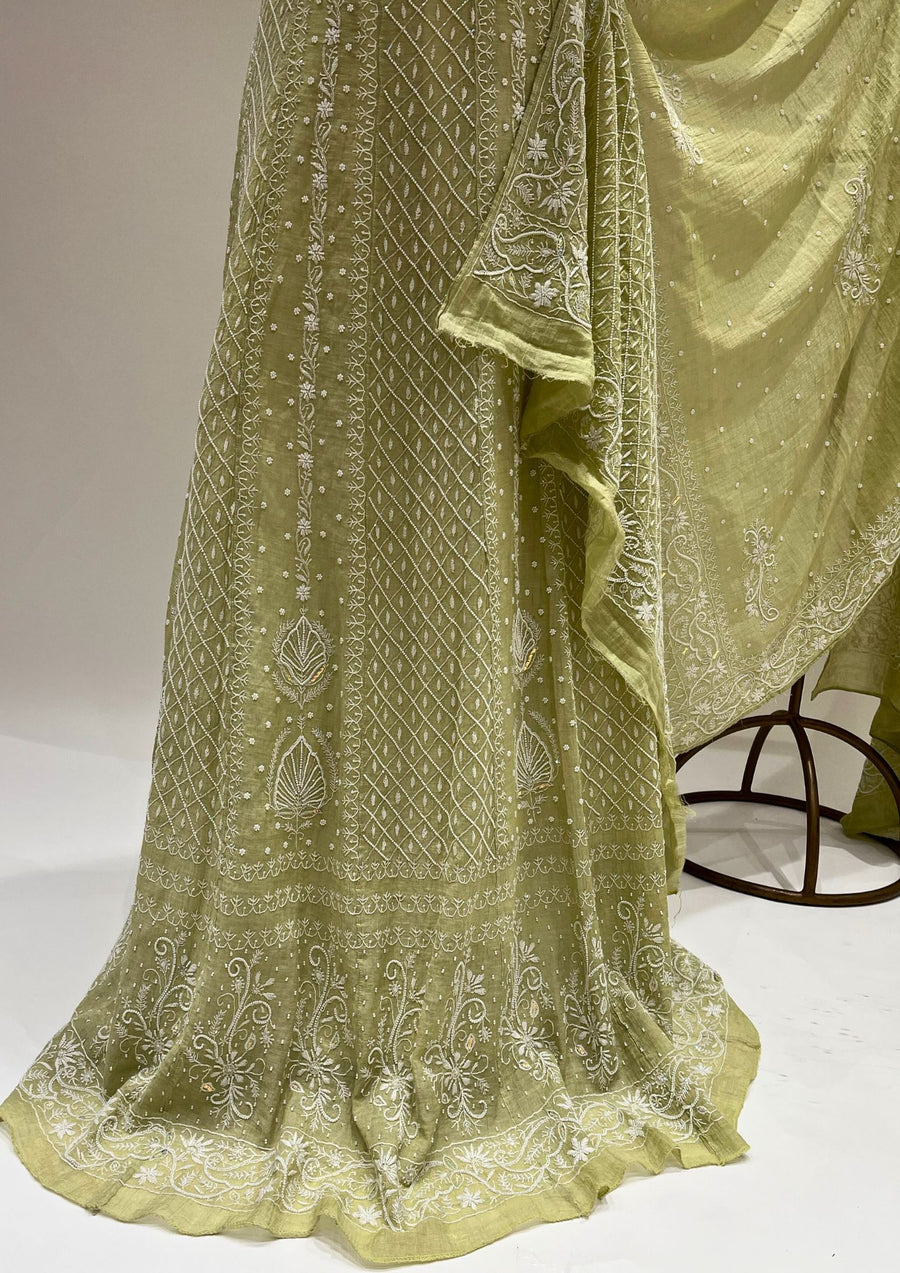 Pure Georgette Chikankari Unstitched Lehenga - Sage Green