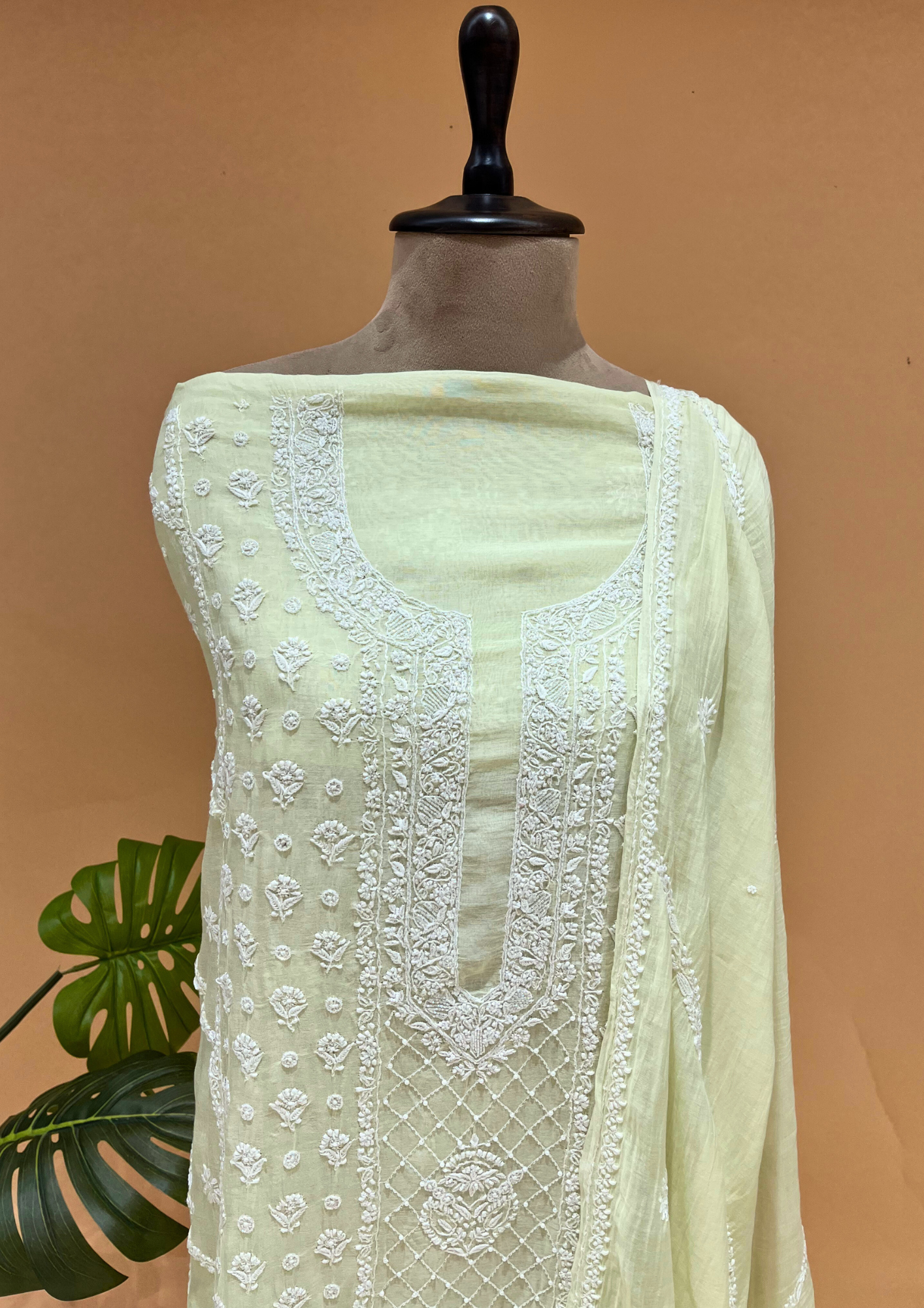 Mul Chanderi Chikankari Unstitched 2pc Suit - Lime Green