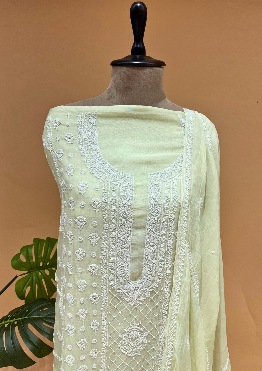 Mul Chanderi Chikankari Unstitched 2pc Suit - Lime Green
