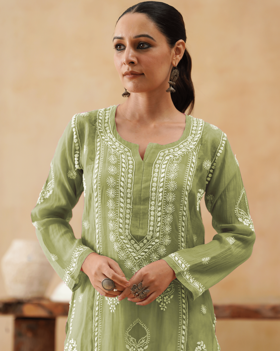 Mul Chikankari Kurti - Sage Green