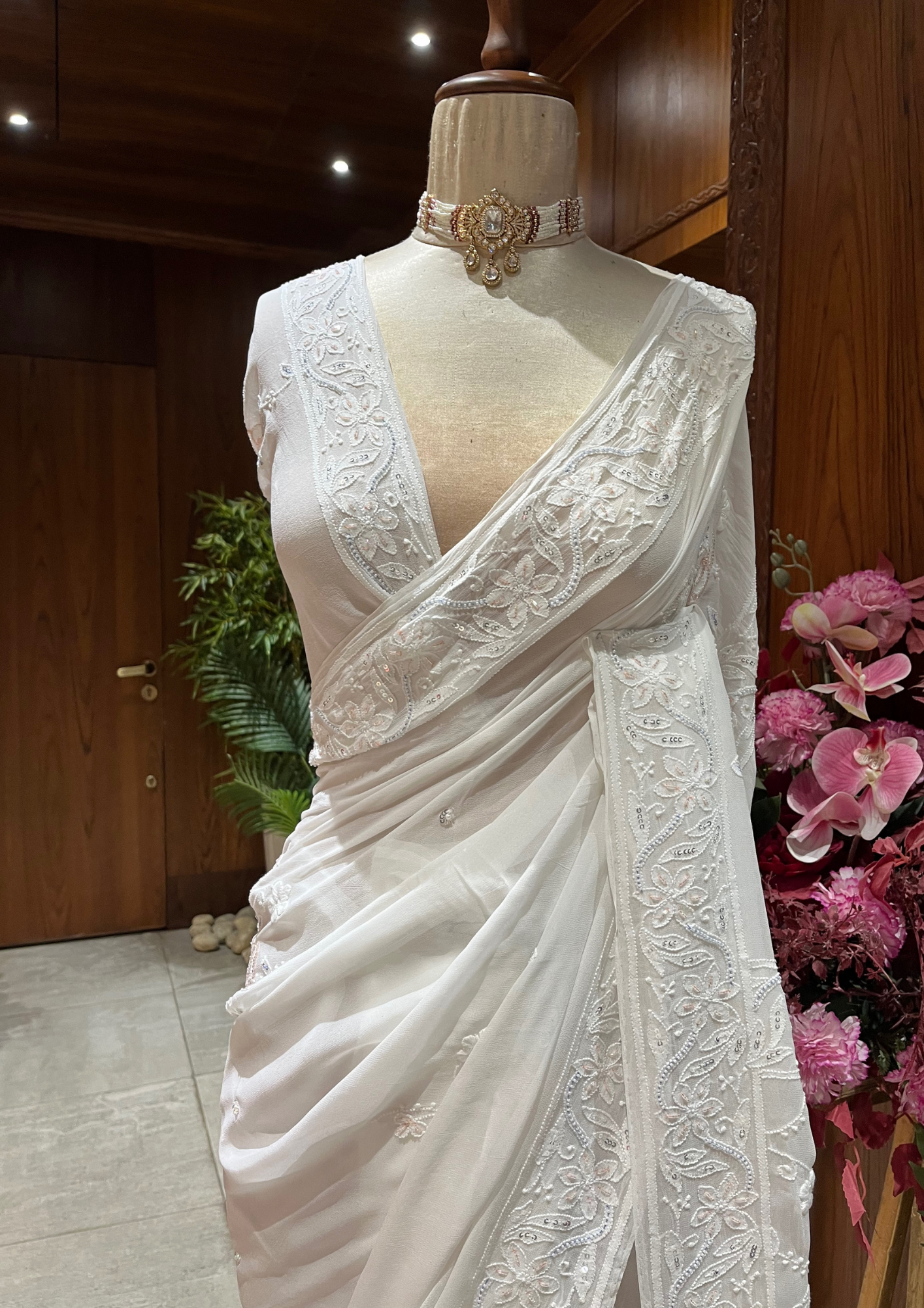 Viscose Chikankari Saree- White