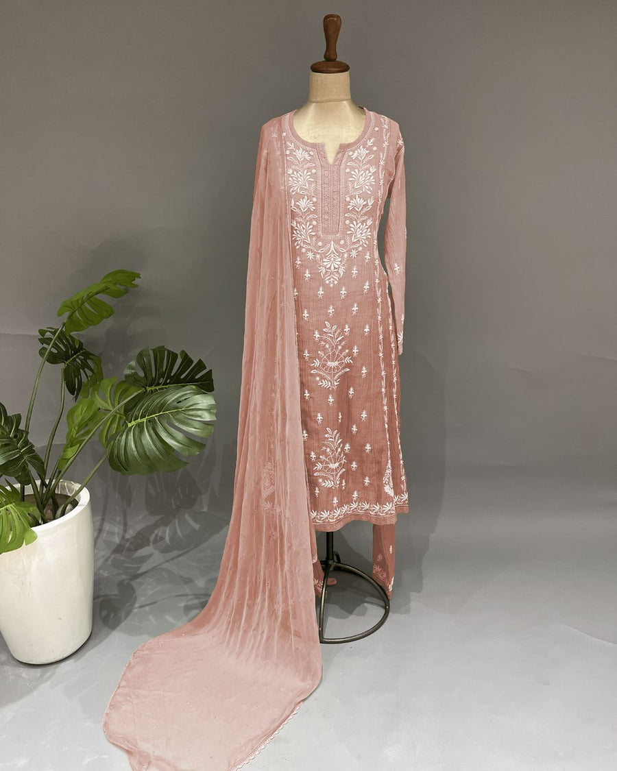 Mul Chander Chikankari 3 pc Suit - Caramel Brown