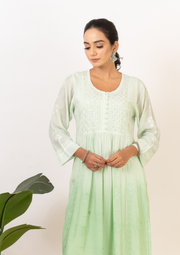 Muslin chikankari long kurta - ombre green