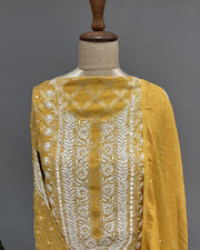 Banarsi Chanderi Chikankari Semistitch 2pc Suit - IKEA Yellow