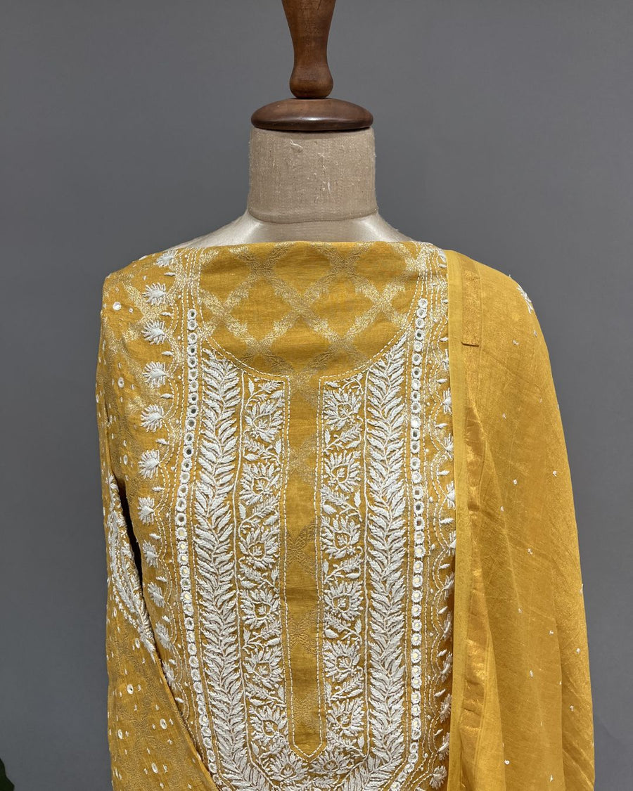 Banarsi Chanderi Chikankari Semistitch 2pc Suit - IKEA Yellow