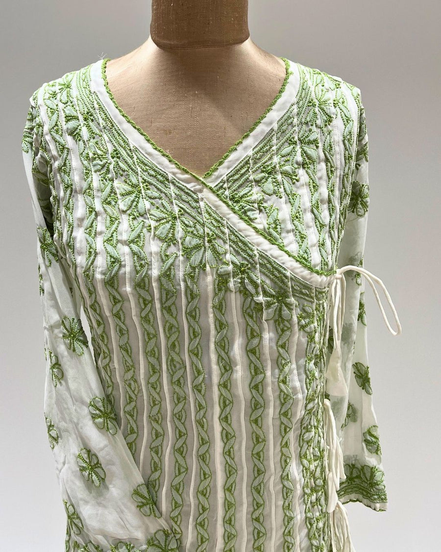 Georgette Anarkali Chikankari Kurta - White & Green