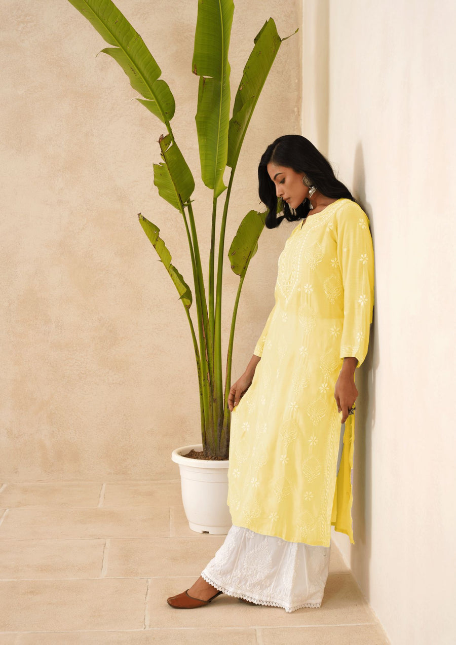 Muslin Chikankri Long Kurti - Yellow