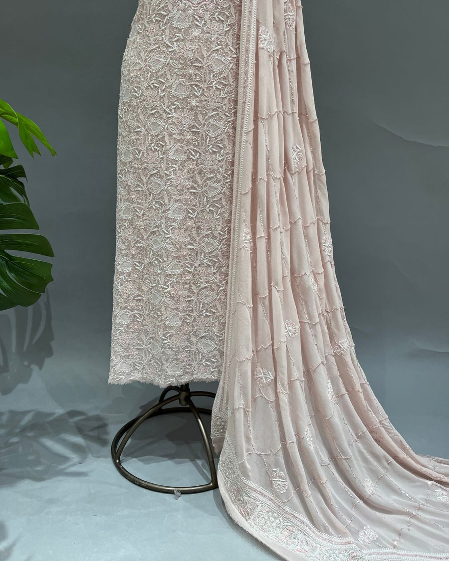 Pure Georgette Chikankari Unstitched 2pc Suit - Nude Pink