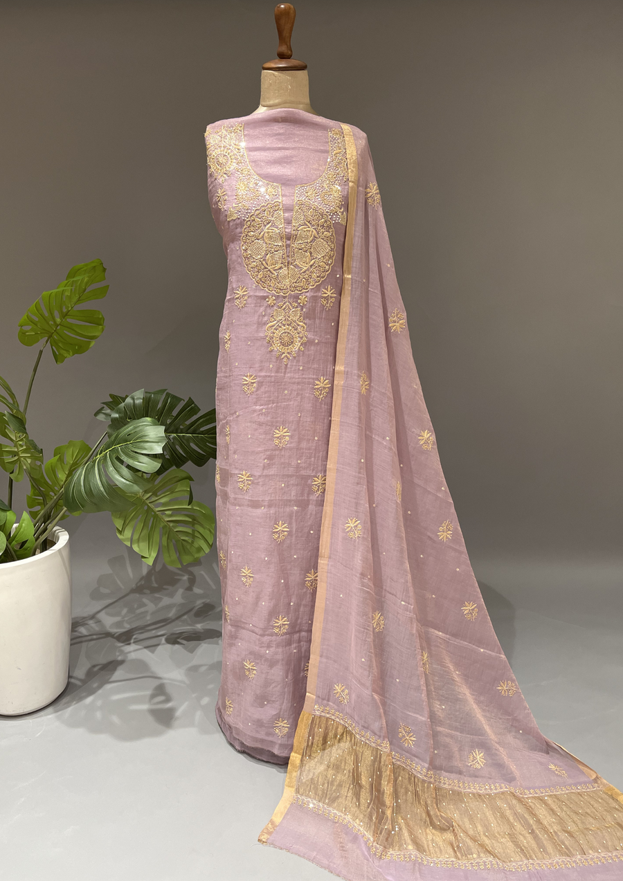 Chikankari Tissue Unstitched Kurta & Dupatta Set - Moonlight Mauve