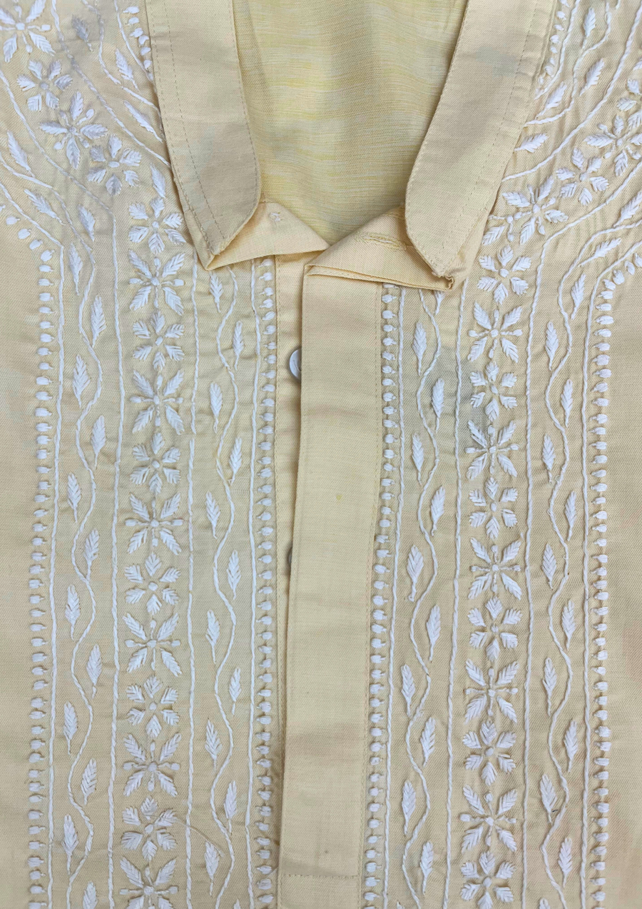 Cotton Chikankari Stitched Mens Kurta- Yellow