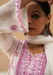 Mul Chikankari Suit Set - White and Pink