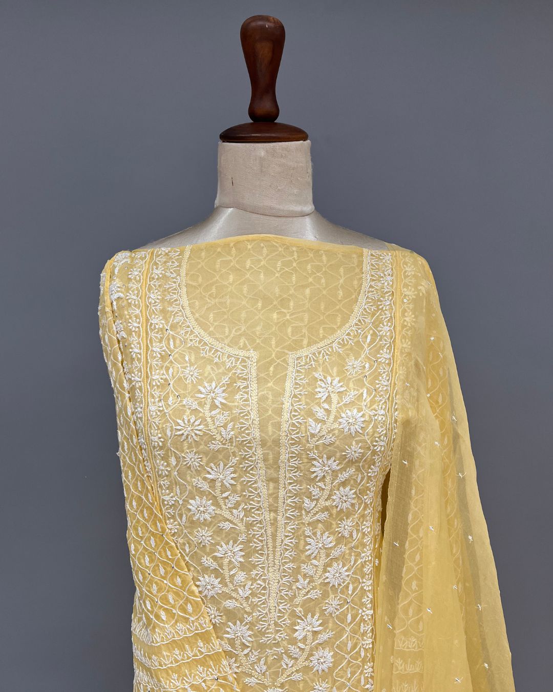 Organza Chikankari Unstitch 2pc Anarkali- Sunlight Yellow Ombre