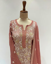 Tissue Chikankari Unstitched 2pc Suit - Rust Brown