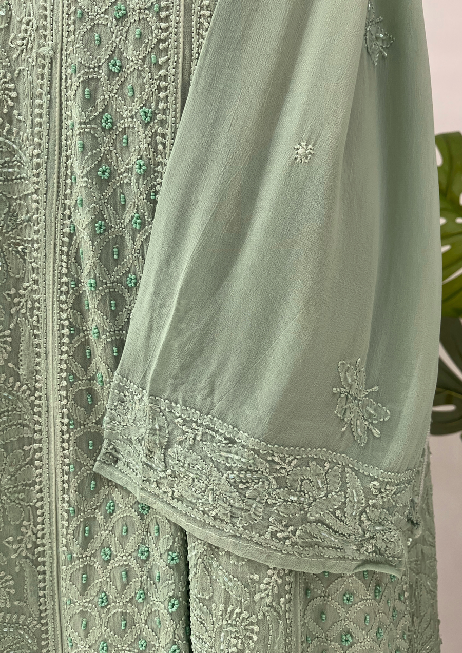 Viscose Chikankari Semistitched Anarkali - Sage Green
