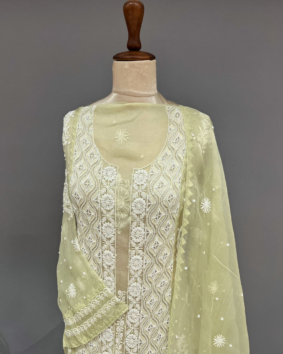 Organza Chikankari Unstitch 2pc Suit - Lime Green