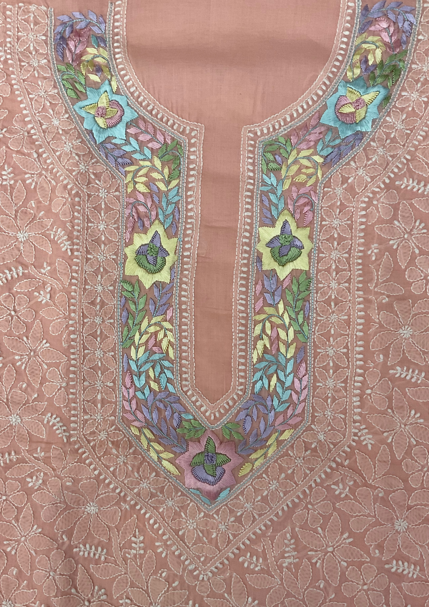 Cotton Chikankari Unstitched Suit - Peach
