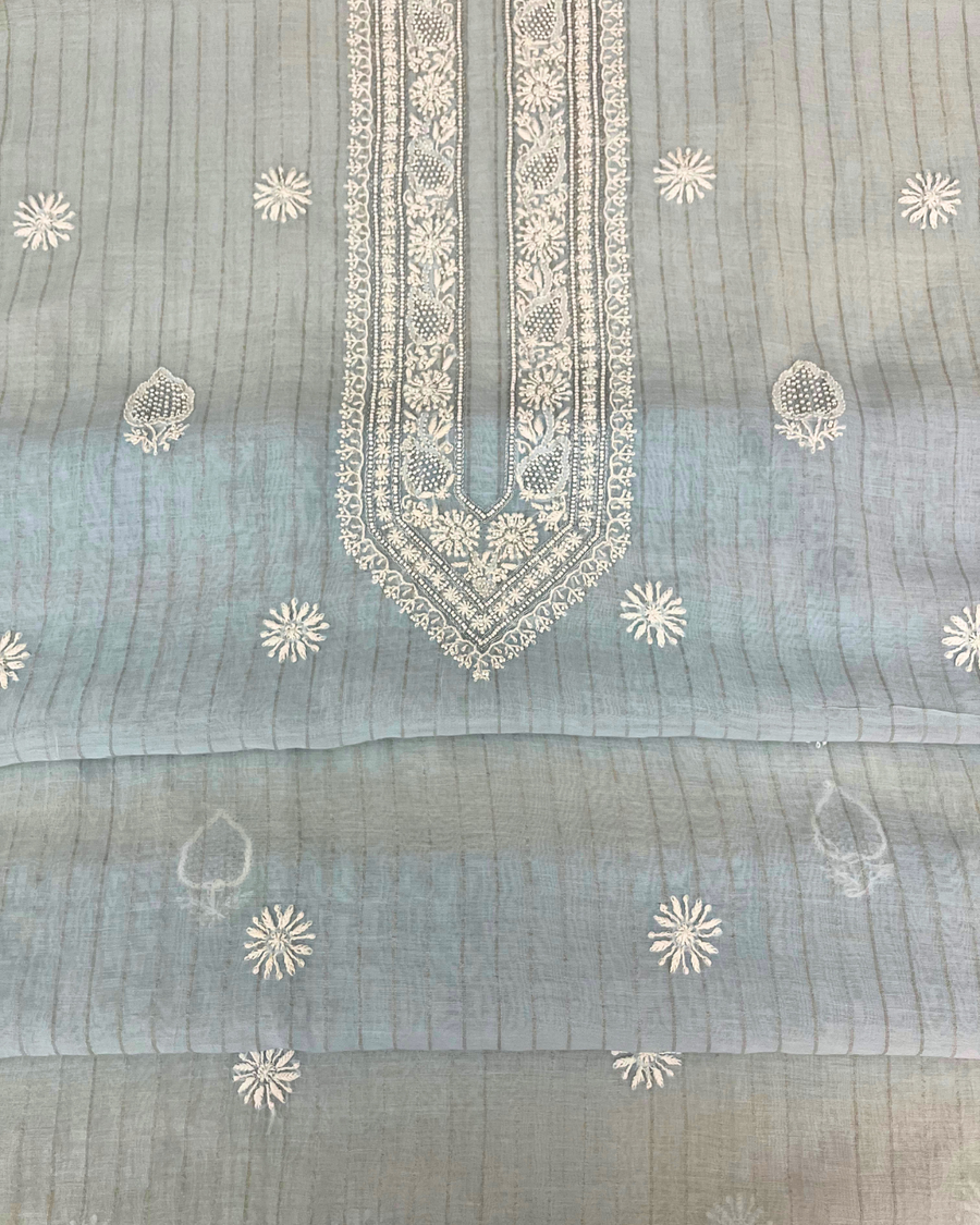 Mul Chanderi Chikankari Unstitched Mens Kurta - Powder Blue