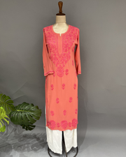 Rayon Chikankari Kurti - Coral