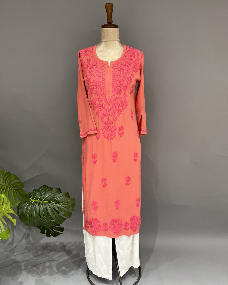 Rayon Chikankari Kurti - Coral