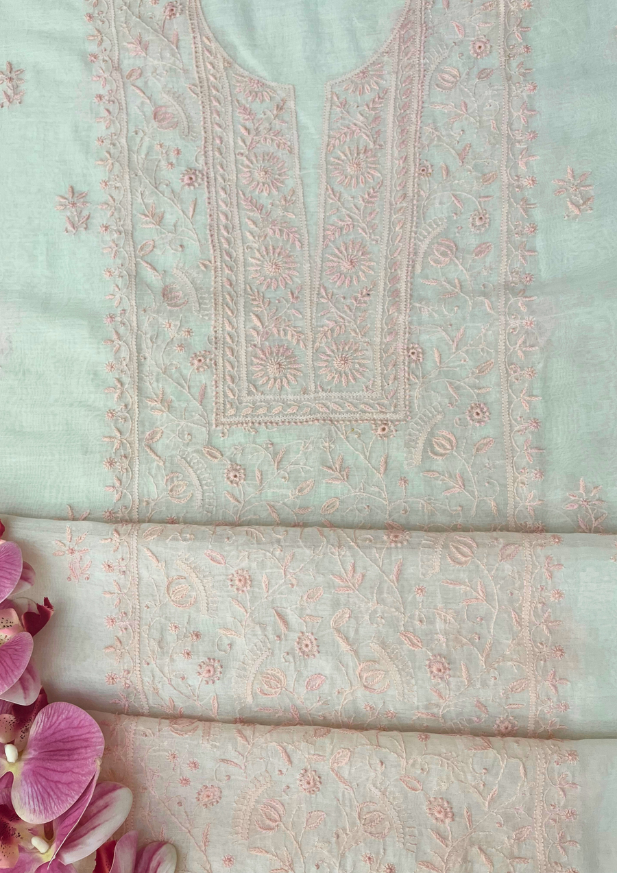 Chikankari Mul Chanderi Unstitched 2Pc Suit - White and Peach