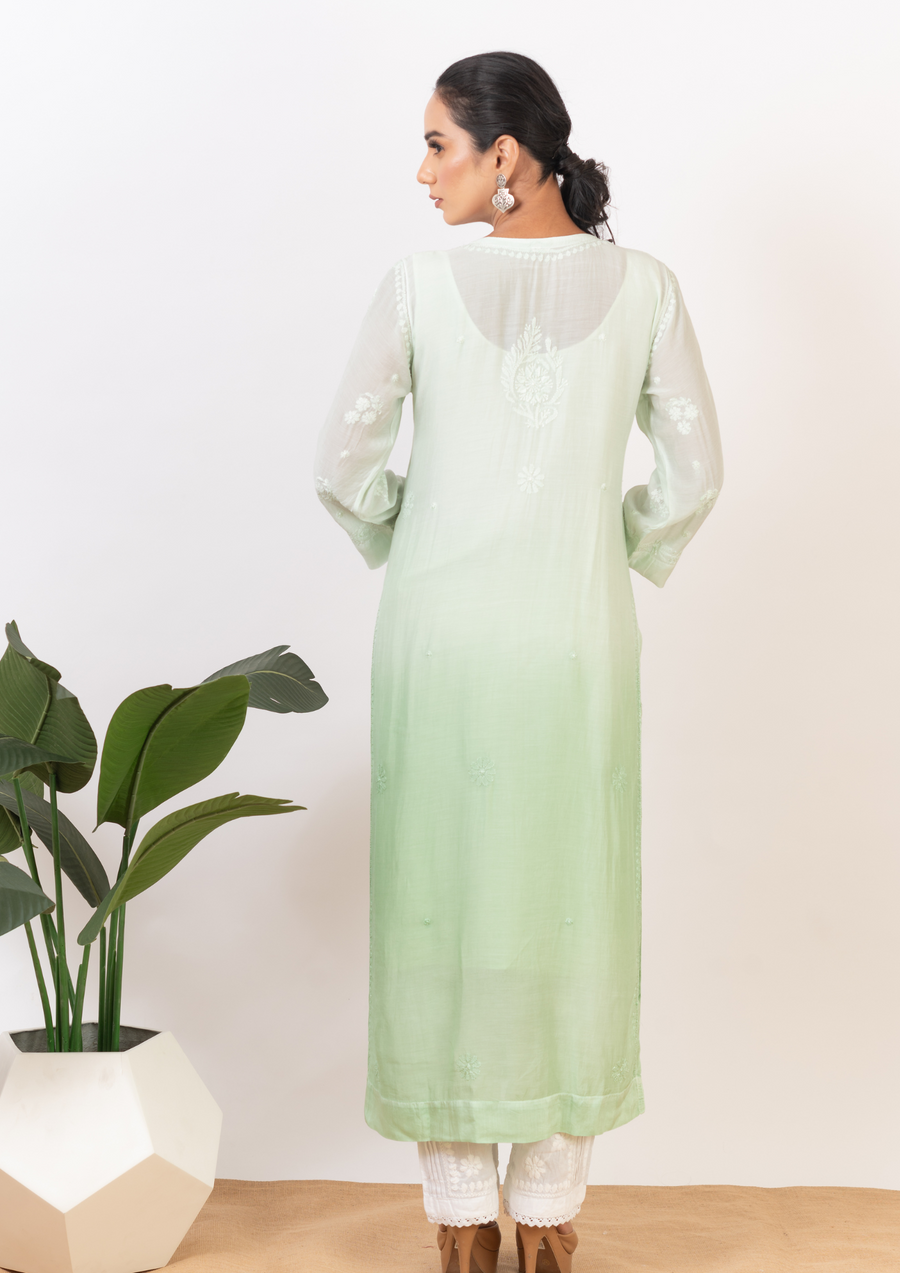 Muslin chikankari long kurta - ombre green