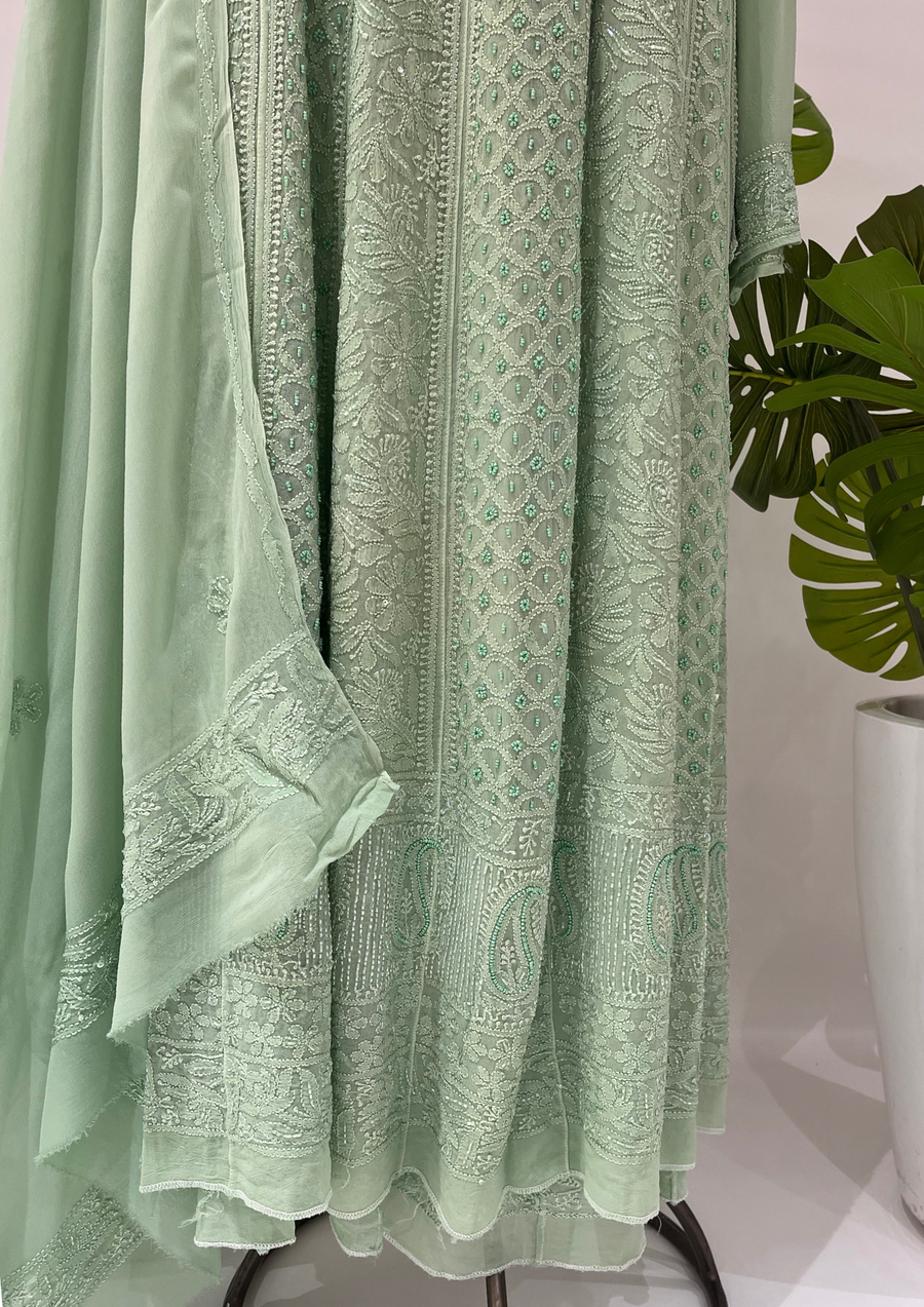 Viscose Chikankari Semistitched Anarkali - Sage Green