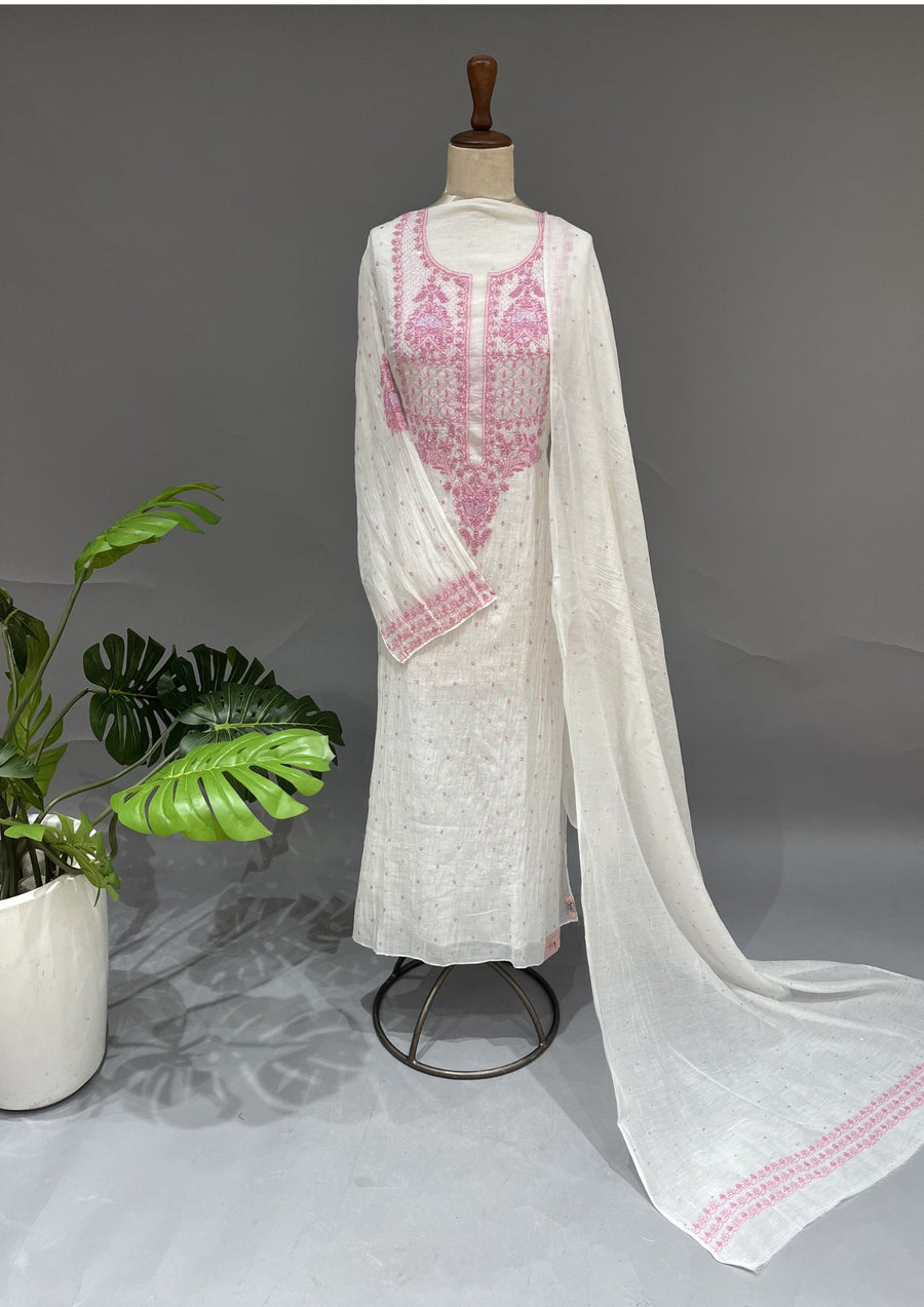 Mul Chanderi Chikankari Unstitch 2pc Suit - White & Pink