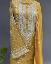 Banarsi Chanderi Chikankari Semistitch 2pc Suit - IKEA Yellow