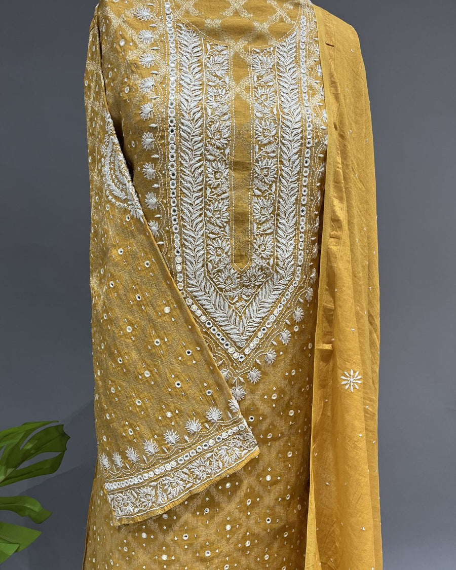 Banarsi Chanderi Chikankari Semistitch 2pc Suit - IKEA Yellow