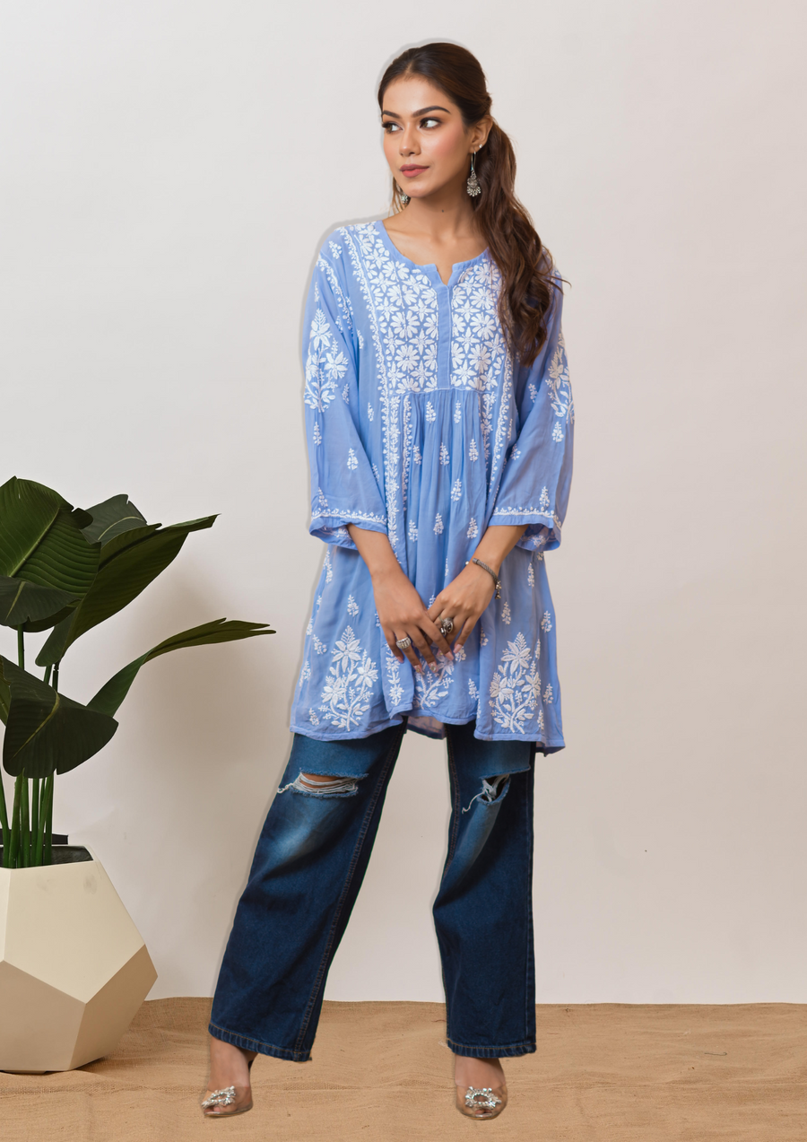 Modal Chikankari Short Kurti - Carolina Blue