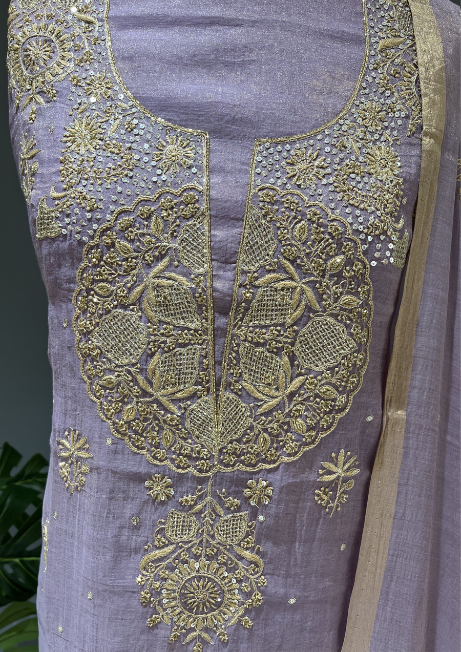 Chikankari Tissue Unstitched Kurta & Dupatta Set - Moonlight Mauve