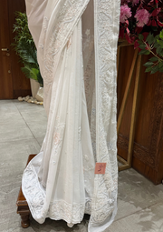 Viscose Chikankari Saree- White