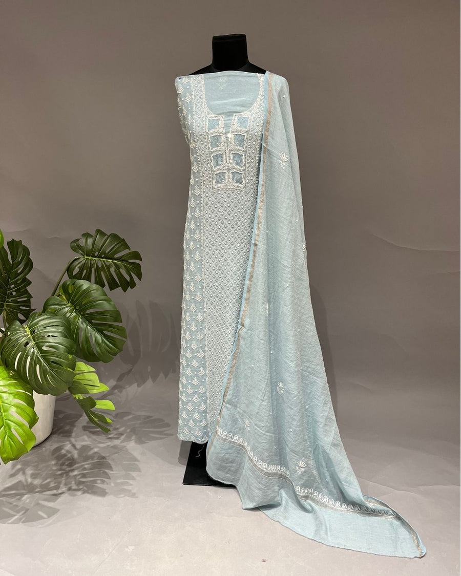 Tissue Chikankari Unstitch 2pc Suit - Powder Blue